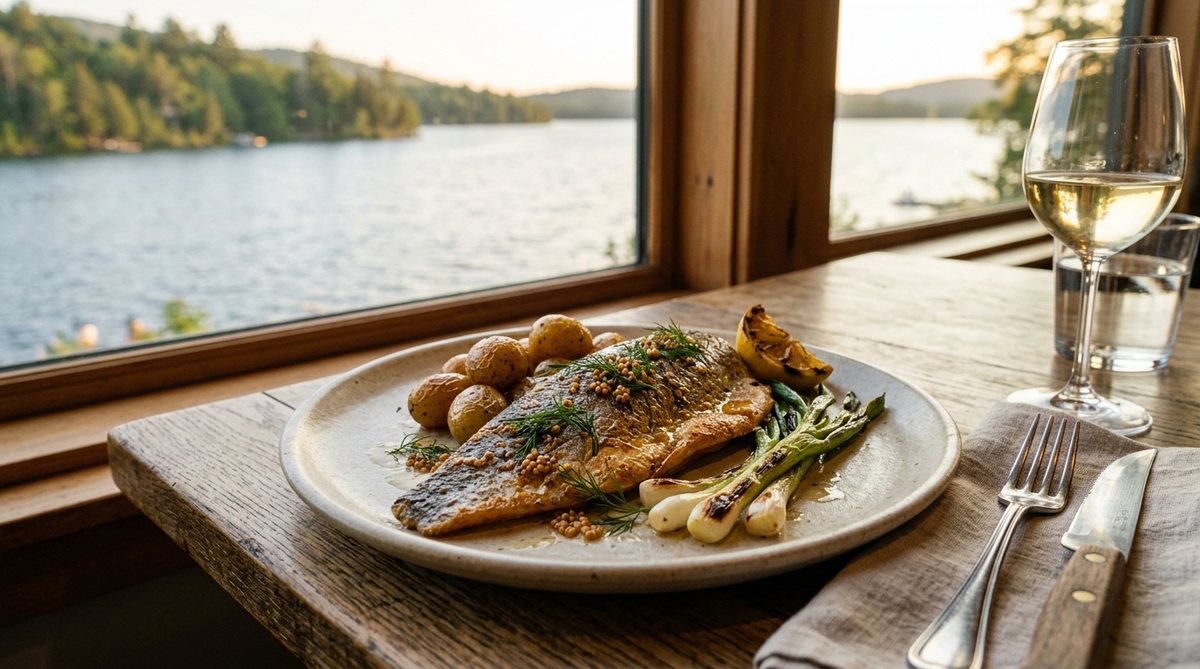 Roasted lake trout with browned butter, dill and seasonal vegetables
