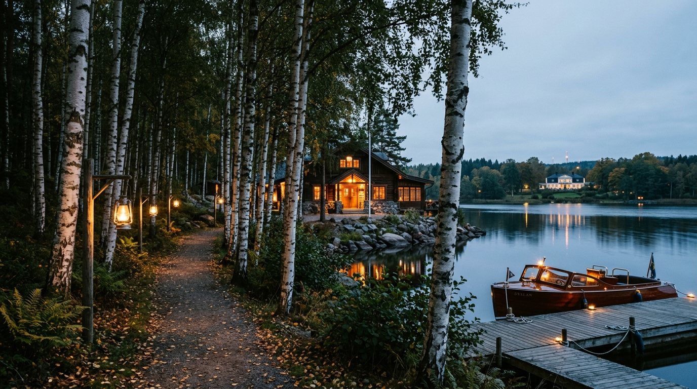 The lantern-lit birch path down to Eld & Björk at dusk, with Bjorkholm Estate visible across the lake