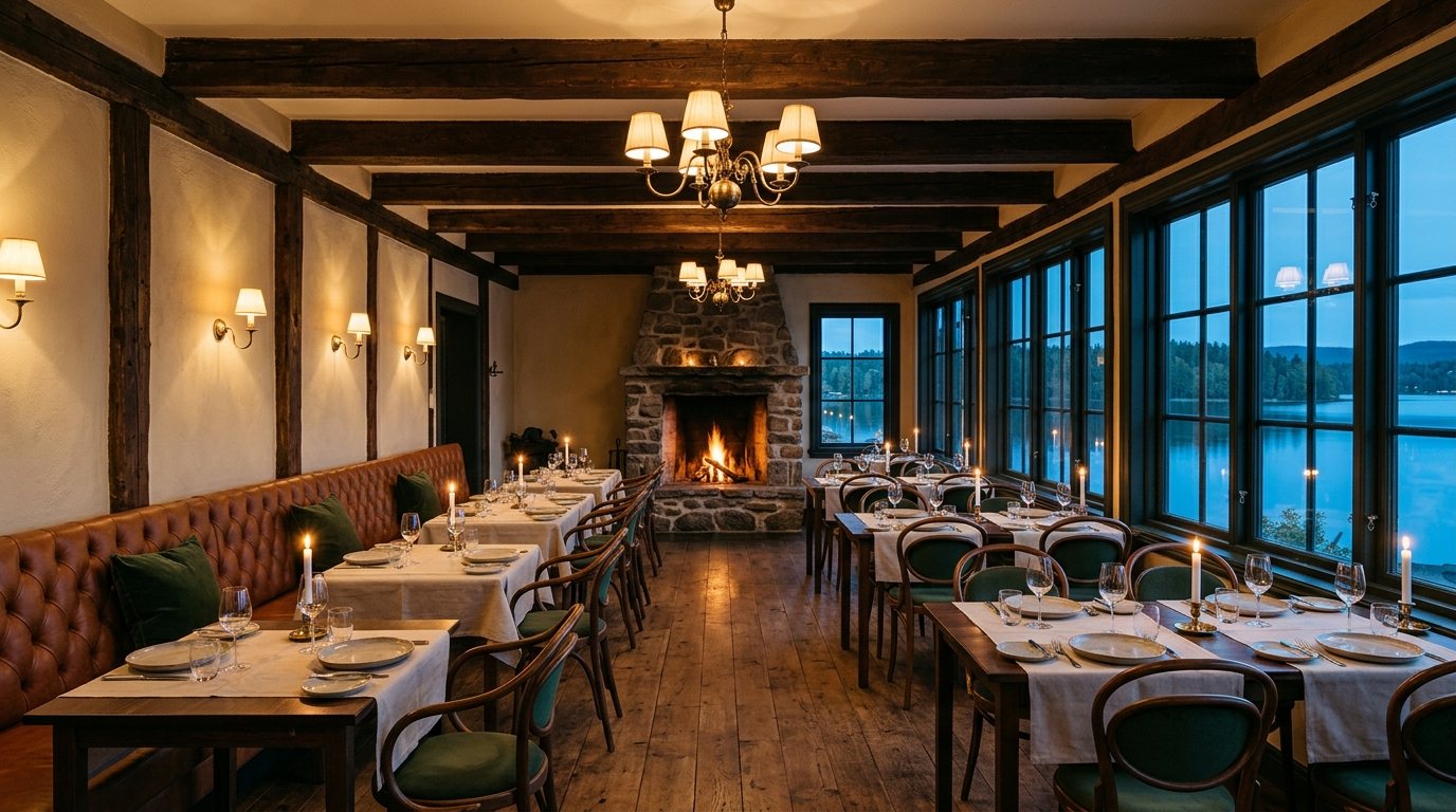 The dining room at Eld & Björk, candlelit