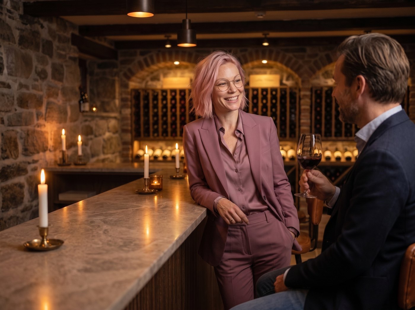 Forever Still sharing a glass of wine with a guest at The Cellar bar